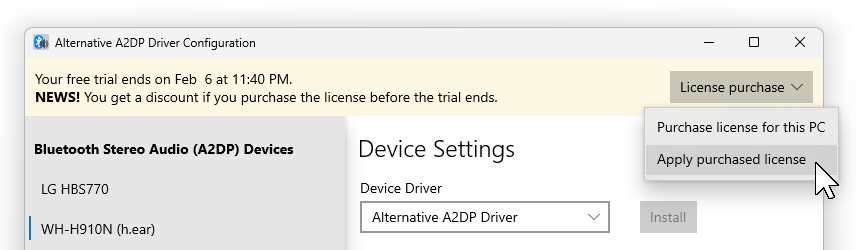 Screenshot of Alternative A2DP Driver app.