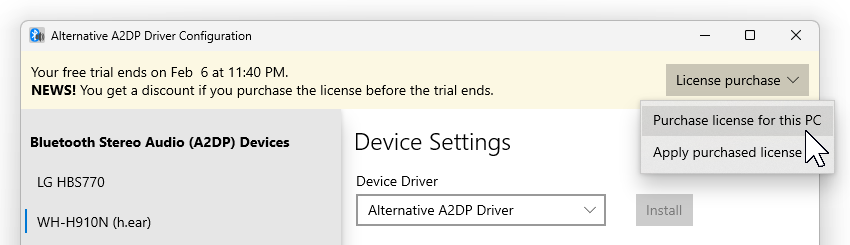 Screenshot of Alternative A2DP Driver app.