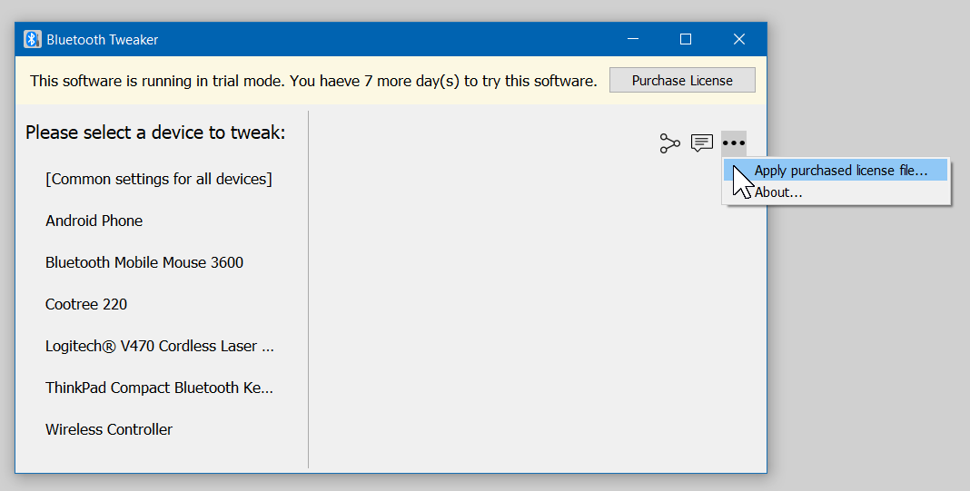 Screenshot of Bluetooth Tweaker window