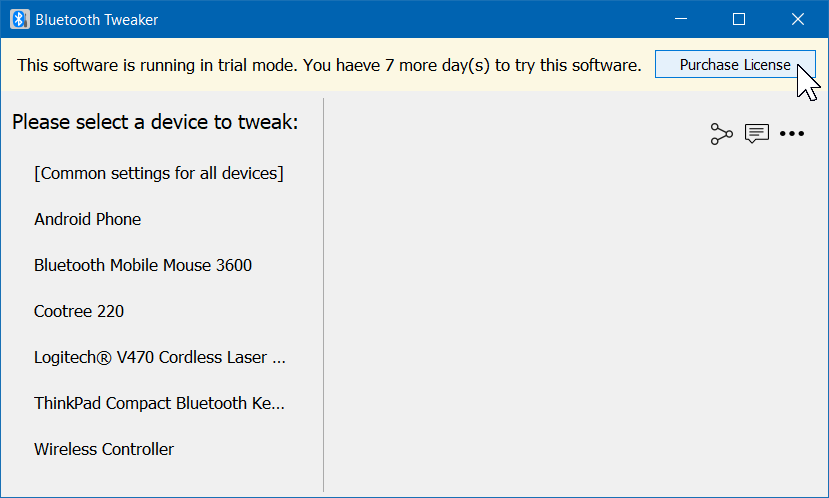 Screen shot of Bluetooth Tweaker window